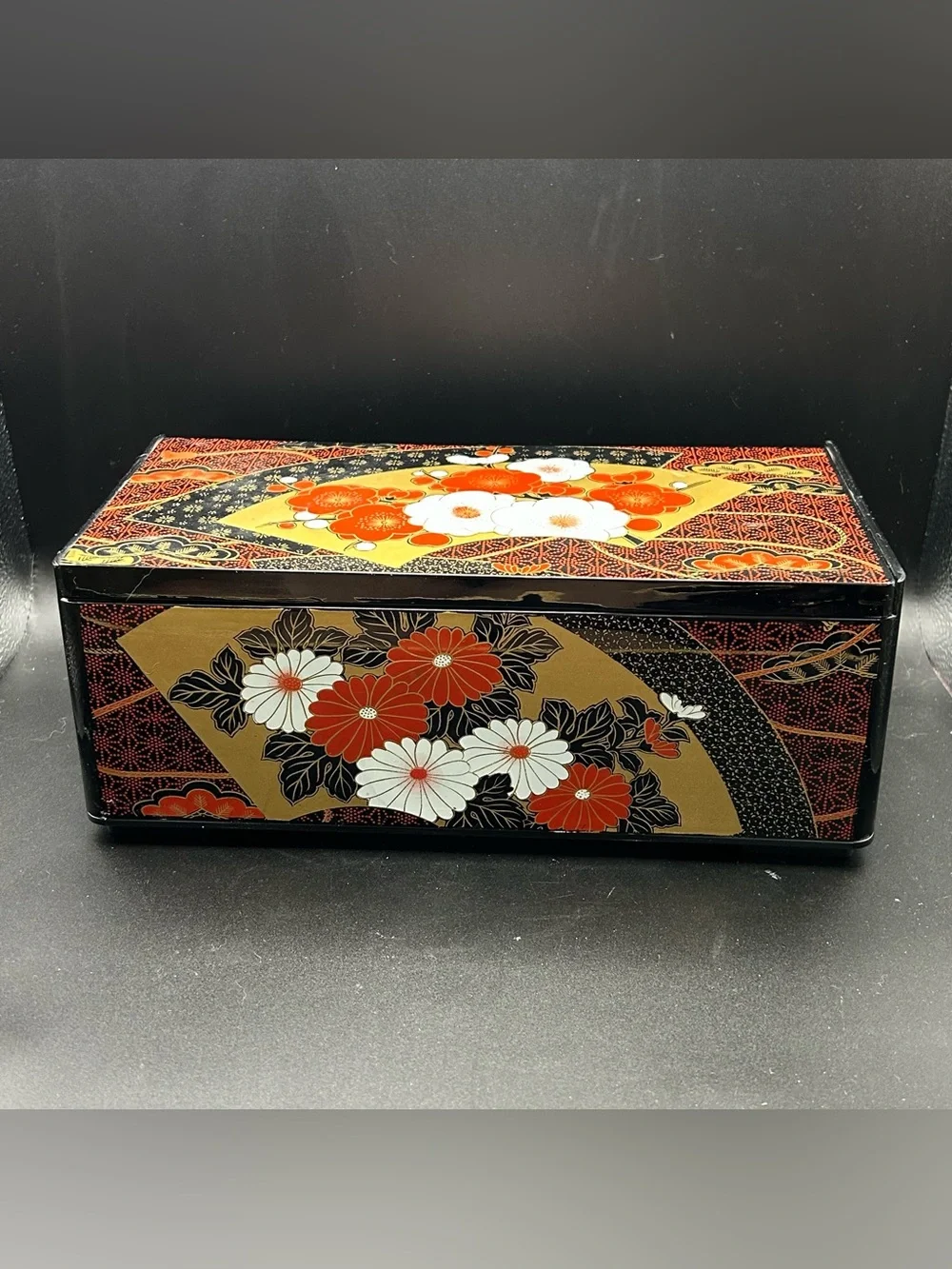 Vintage Tissue Box Holder With Flip Up Mirror Floral Design Made In Japan.